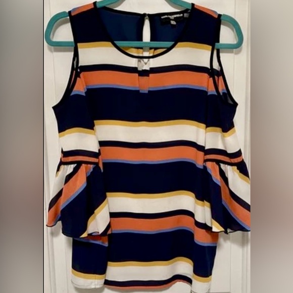 Karl Lagerfeld Tops - Karl Lagerfeld Paris Cold Shoulder Stripe Top Bold Flounce Sleeve Preppy Medium